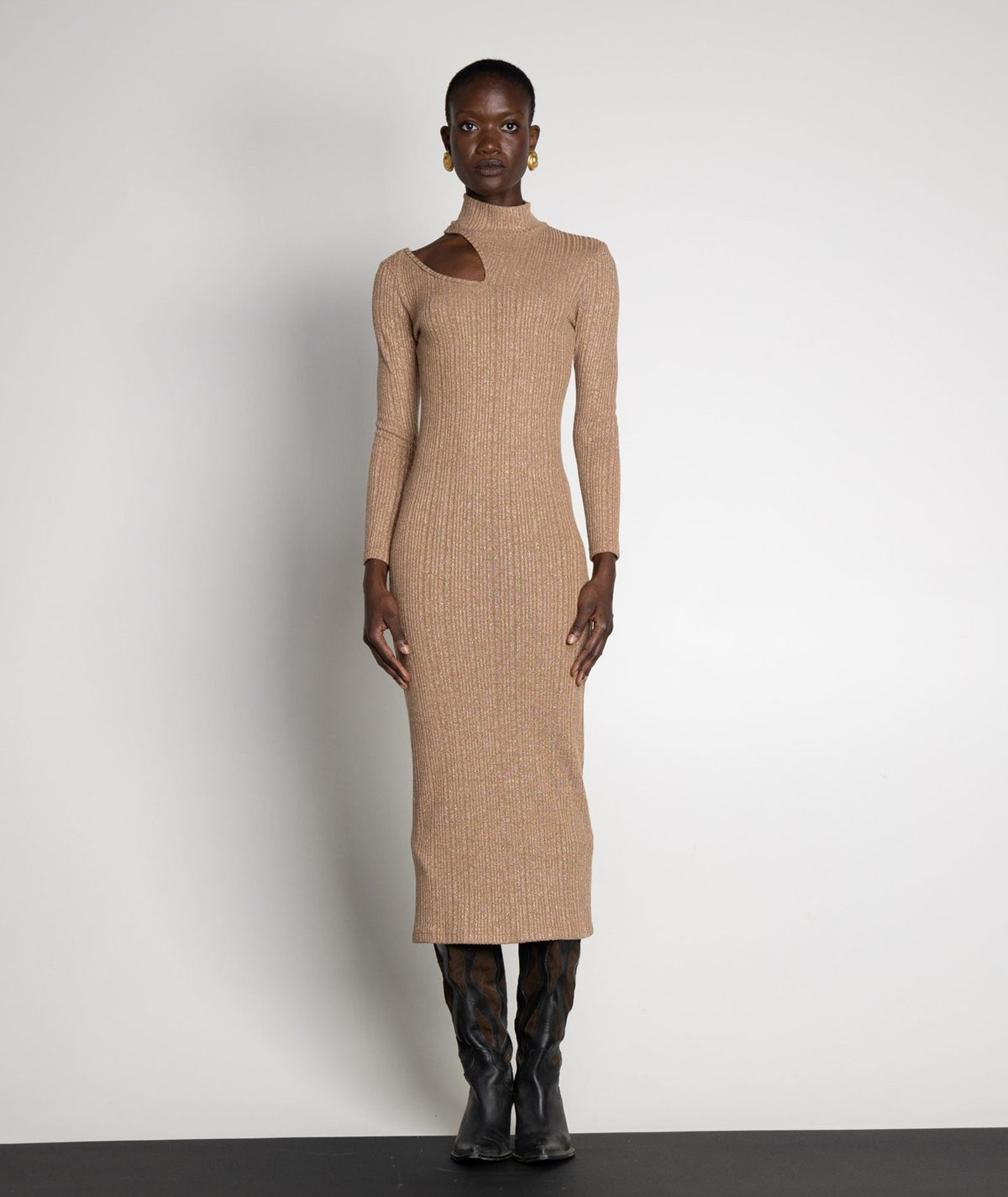 Mallory The Label | Beige lurex shoulder cut out Lotus midi dress