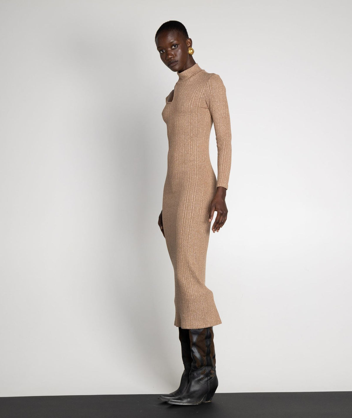Mallory The Label | Beige lurex shoulder cut out Lotus midi dress
