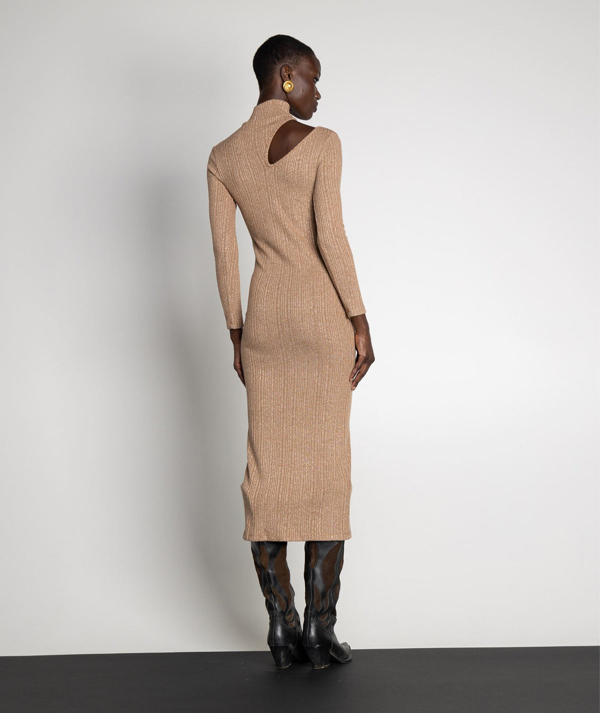 Mallory The Label | Beige lurex shoulder cut out Lotus midi dress