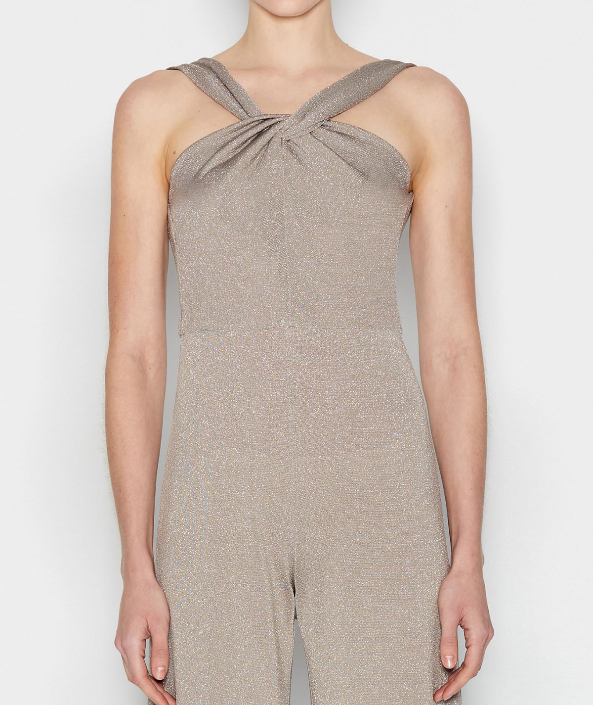 Nadia Rapti | Beige silver Grand Finale halter jumpsuit