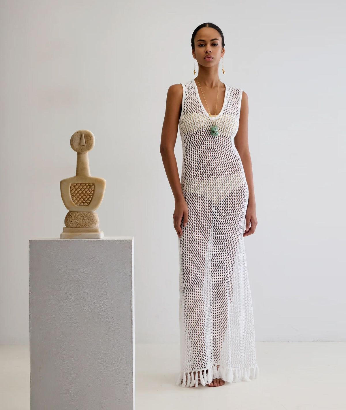 Ancient Kallos | White cotton crochet Ivy sleeveless dress with tassels
