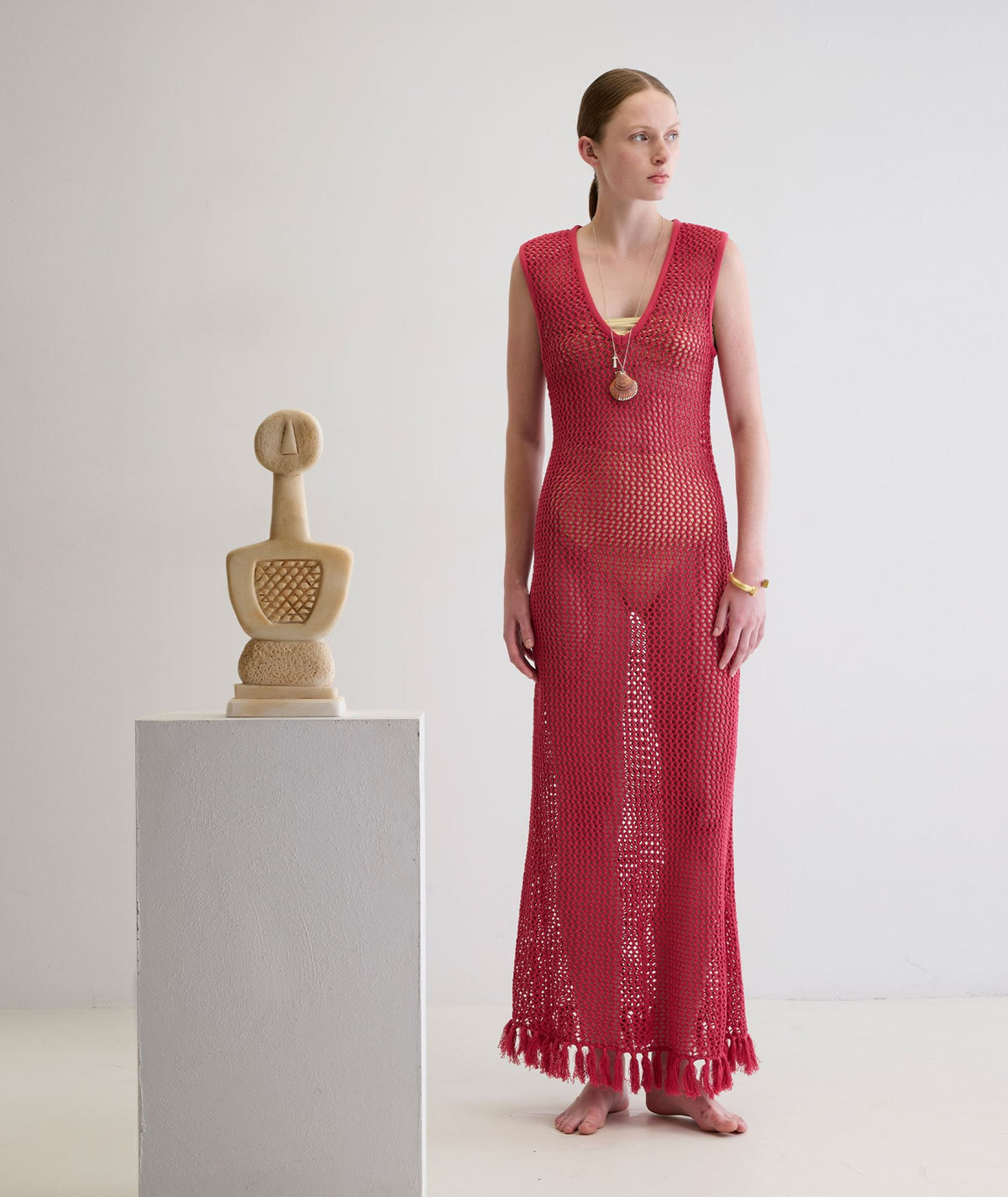 Ancient Kallos | Red cotton crochet Ivy sleeveless dress with tassels