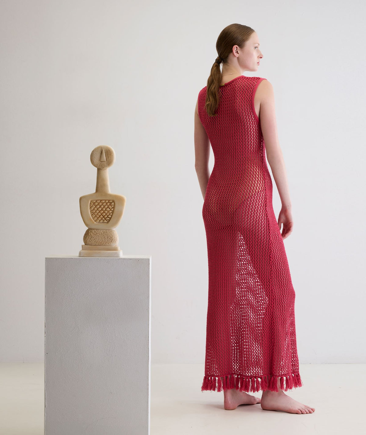 Ancient Kallos | Red cotton crochet Ivy sleeveless dress with tassels