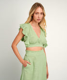 Pearl & Caviar | Pistachio cotton linen gauze ruffled crop top