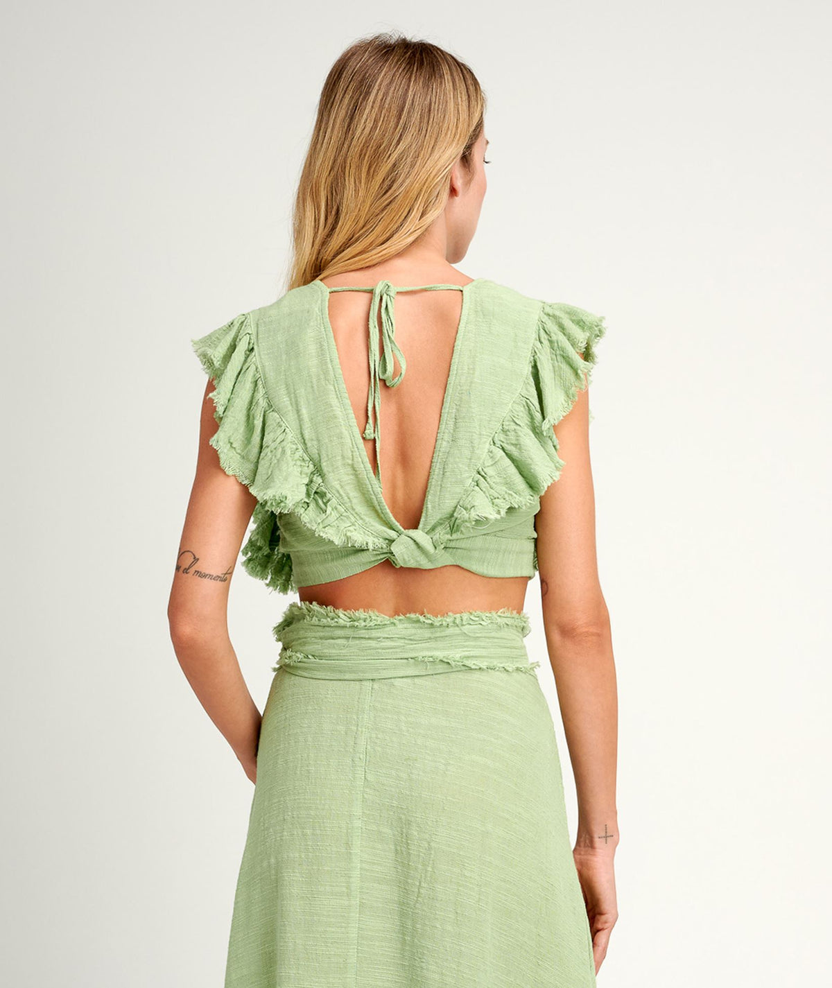 Pearl & Caviar | Pistachio cotton linen gauze ruffled crop top
