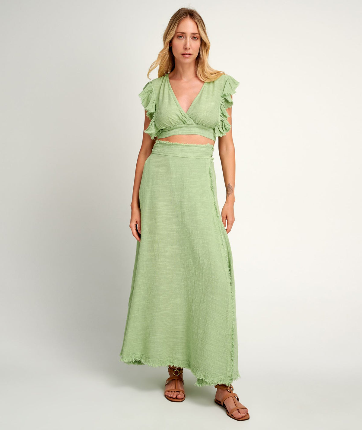 Pearl & Caviar | Pistachio cotton linen gauze ruffled crop top