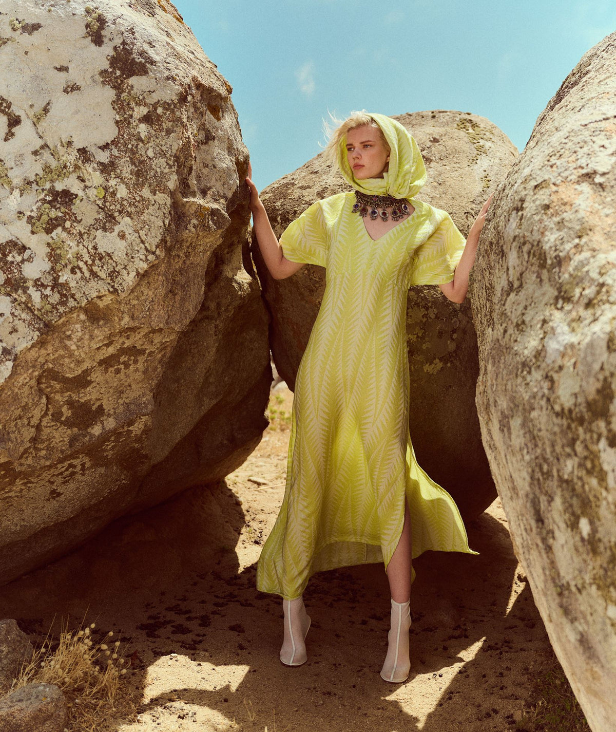 Pearl & Caviar | Lime cotton silk jacquard Finikas open back maxi dress