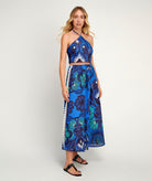 Pearl & Caviar | Blue printed cotton lace embellished Santorini midi skirt