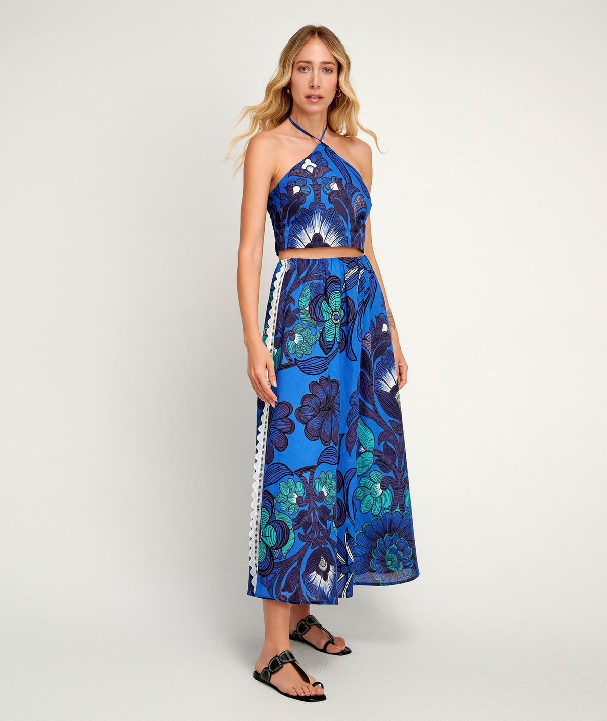 Pearl & Caviar | Blue printed cotton lace embellished Santorini midi skirt