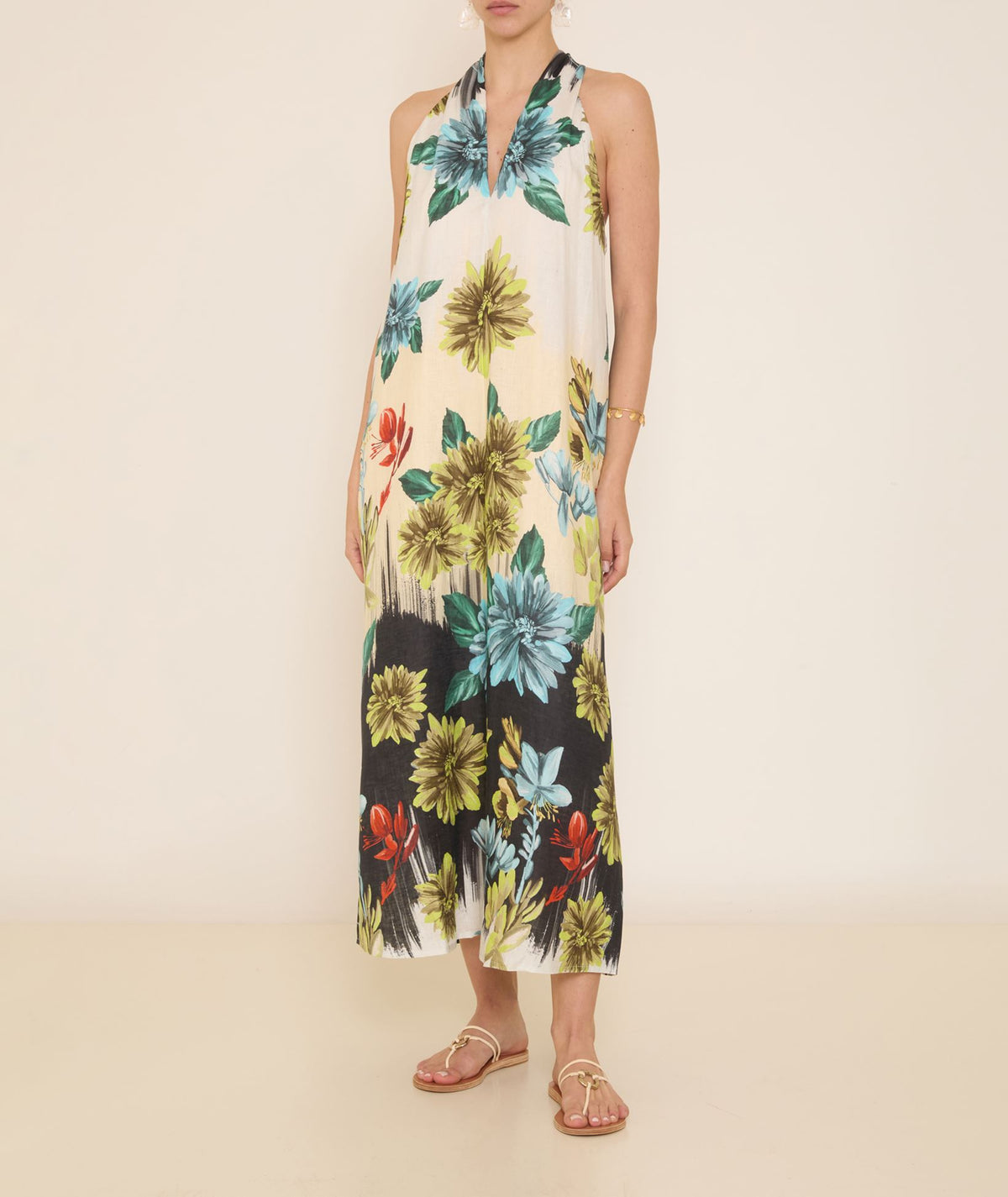 Pearl & Caviar | Multicolor printed linen Monemvasia halter midi dress