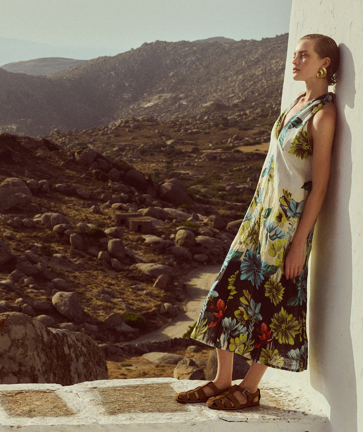 Pearl & Caviar | Multicolor printed linen Monemvasia halter midi dress