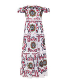Pearl & Caviar | White red embroidered cotton off shoulder Samarina dress