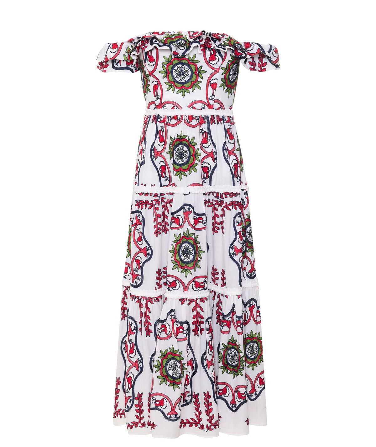 Pearl & Caviar | White red embroidered cotton off shoulder Samarina dress