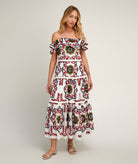 Pearl & Caviar | White red embroidered cotton off shoulder Samarina dress