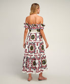 Pearl & Caviar | White red embroidered cotton off shoulder Samarina dress
