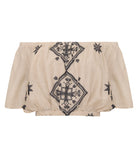 Greek Archaic Kori | Beige black embroidered Lefkada off shoulder top