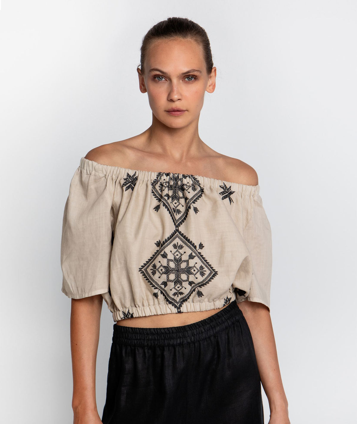 Greek Archaic Kori | Beige black embroidered Lefkada off shoulder top