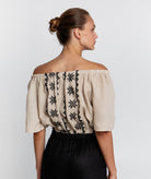 Greek Archaic Kori | Beige black embroidered Lefkada off shoulder top