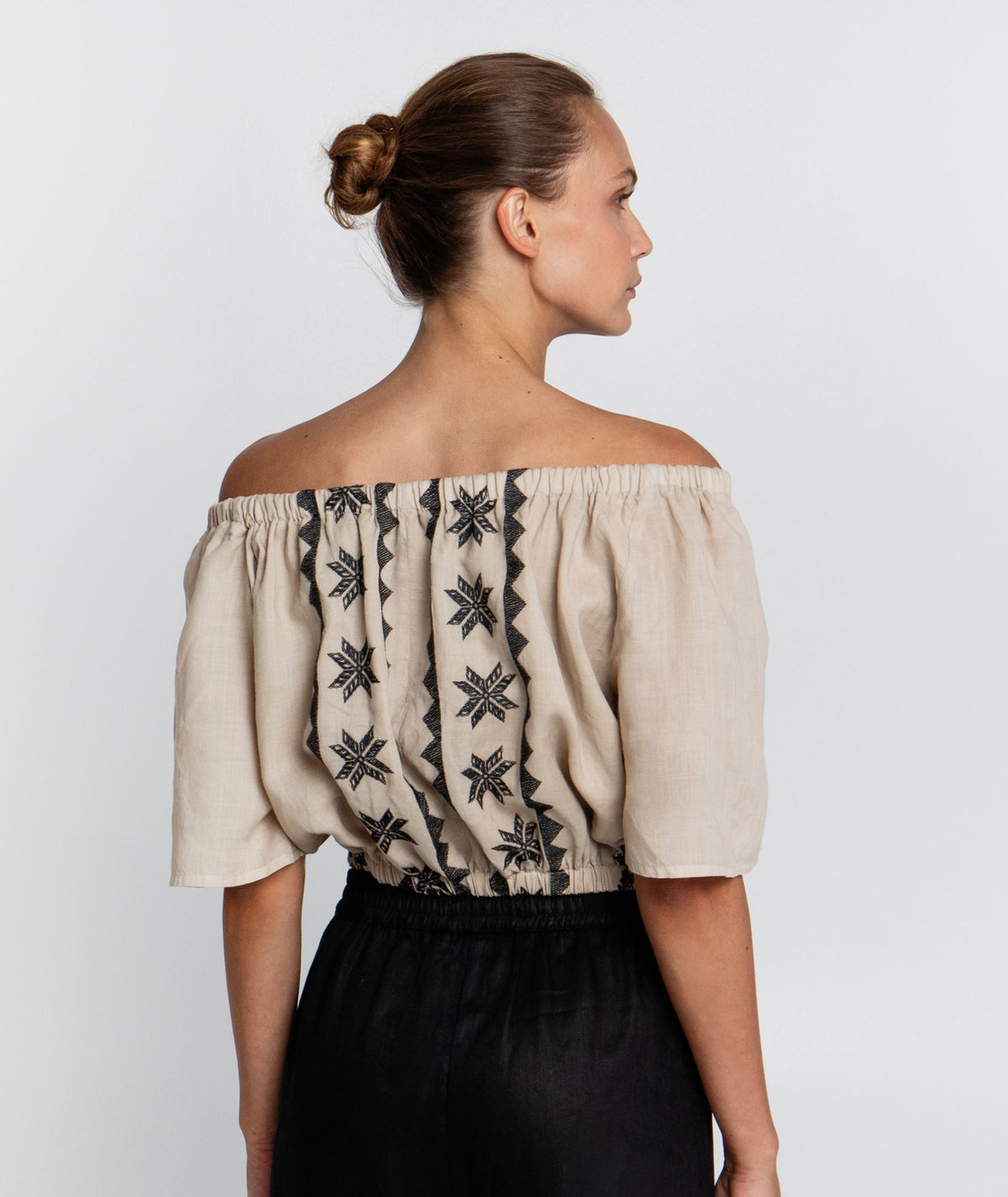 Greek Archaic Kori | Beige black embroidered Lefkada off shoulder top