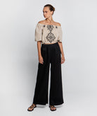 Greek Archaic Kori | Beige black embroidered Lefkada off shoulder top