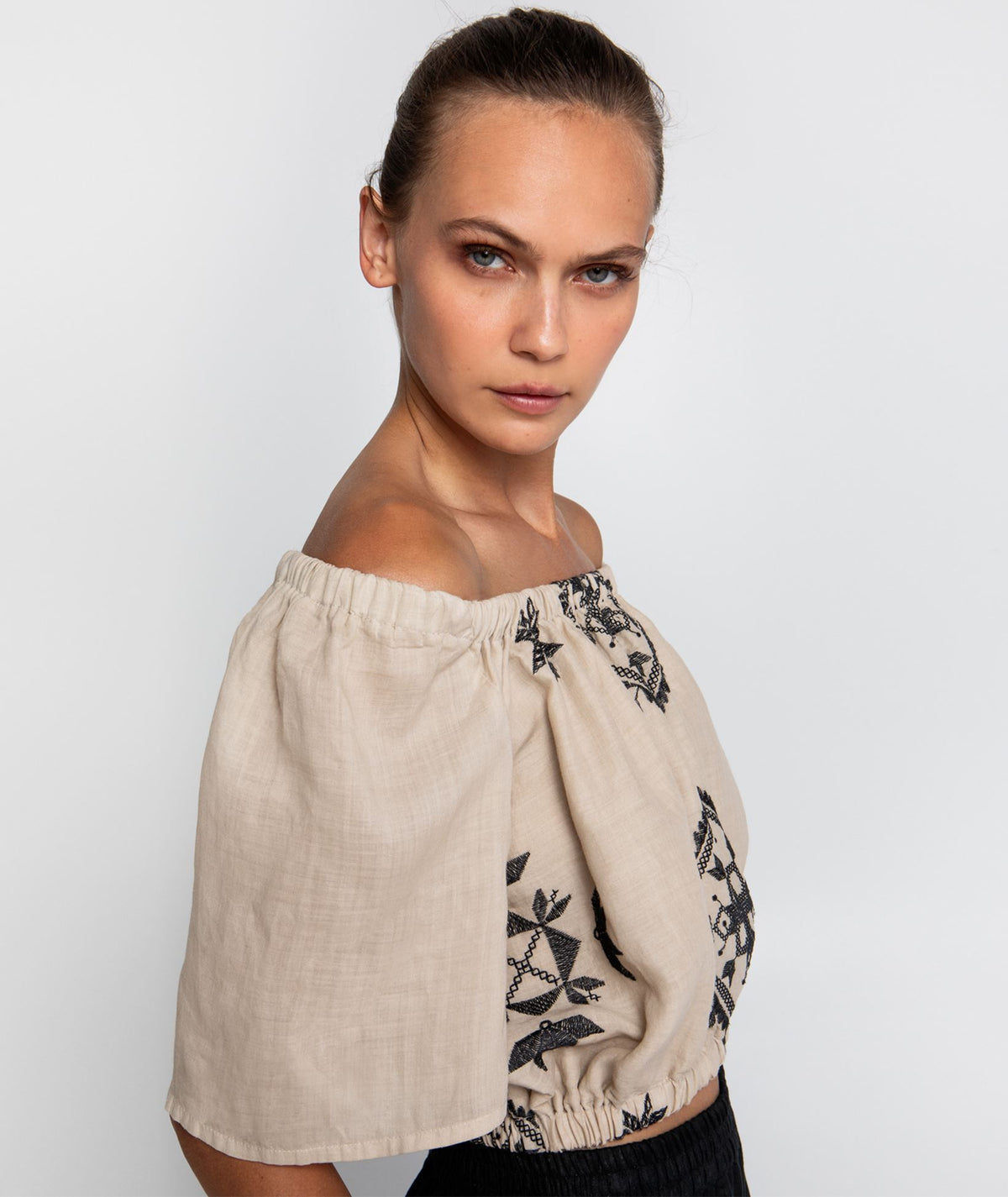 Greek Archaic Kori | Beige black embroidered Lefkada off shoulder top