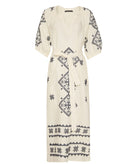Greek Archaic Kori | Ivory black linen embroidered Lefkada belted midi dress