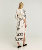 Greek Archaic Kori | Ivory black linen embroidered Lefkada belted midi dress