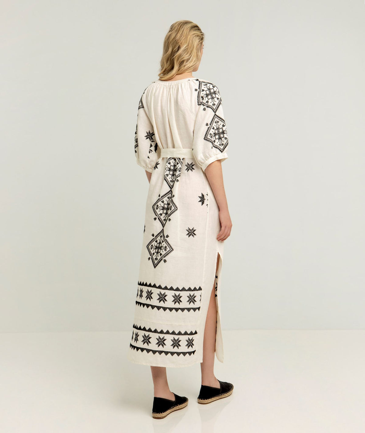 Greek Archaic Kori | Ivory black linen embroidered Lefkada belted midi dress