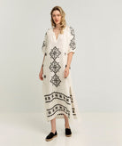 Greek Archaic Kori | Ivory black linen embroidered Lefkada belted midi dress