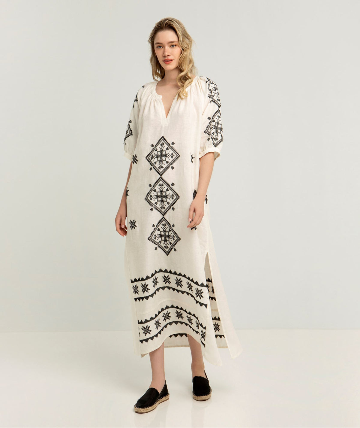 Greek Archaic Kori | Ivory black linen embroidered Lefkada belted midi dress