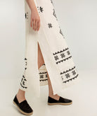 Greek Archaic Kori | Ivory black linen embroidered Lefkada belted midi dress