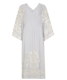 Greek Archaic Kori | Light grey champagne embroidered Crete midi dress