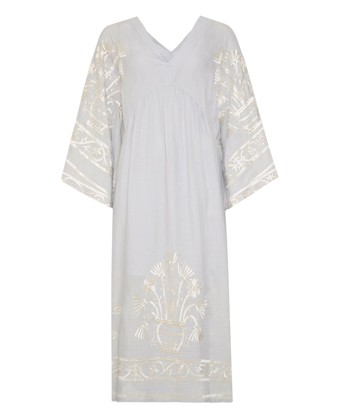 Greek Archaic Kori | Light grey champagne embroidered Crete midi dress