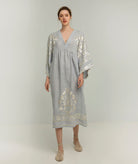 Greek Archaic Kori | Light grey champagne embroidered Crete midi dress