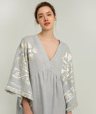 Greek Archaic Kori | Light grey champagne embroidered Crete midi dress