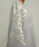 Greek Archaic Kori | Light grey champagne embroidered Crete midi dress