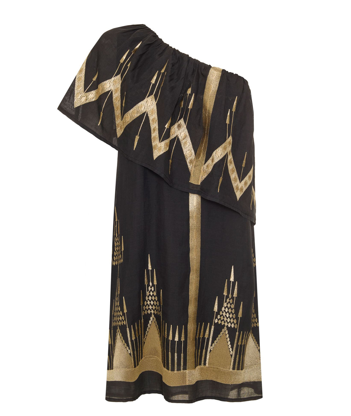 Greek Archaic Kori | Black gold embroidered Roots one shoulder mini dress