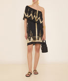 Greek Archaic Kori | Black gold embroidered Roots one shoulder mini dress
