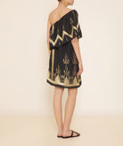 Greek Archaic Kori | Black gold embroidered Roots one shoulder mini dress
