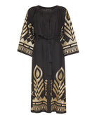 Greek Archaic Kori | Black gold linen embroidered Feather midi shirt dress