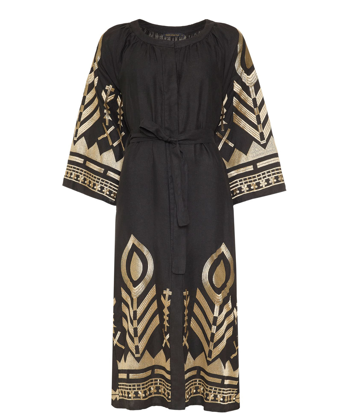 Greek Archaic Kori | Black gold linen embroidered Feather midi shirt dress