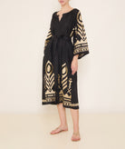 Greek Archaic Kori | Black gold linen embroidered Feather midi shirt dress