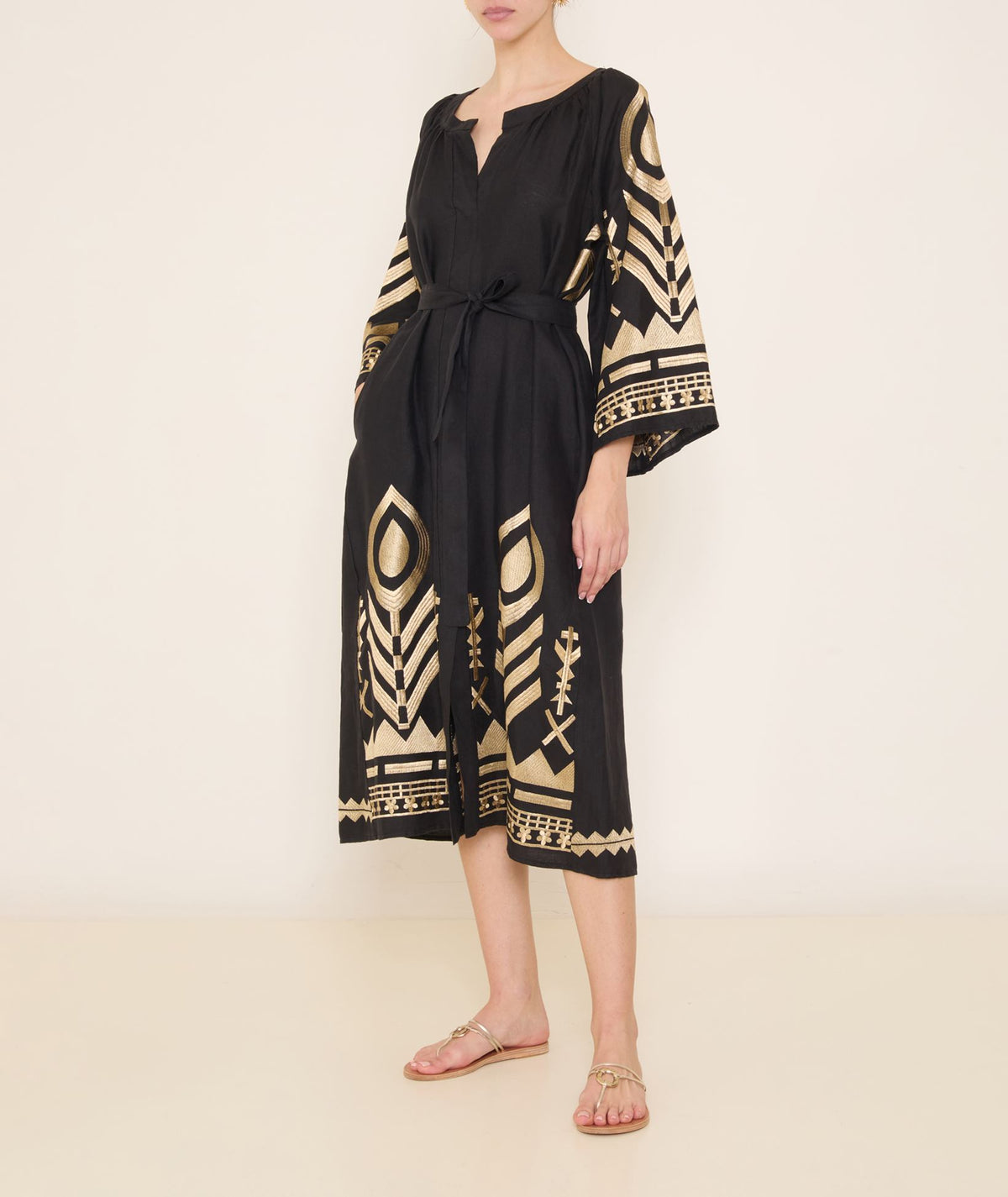 Black gold linen embroidered Feather midi shirt dress – Aesthet