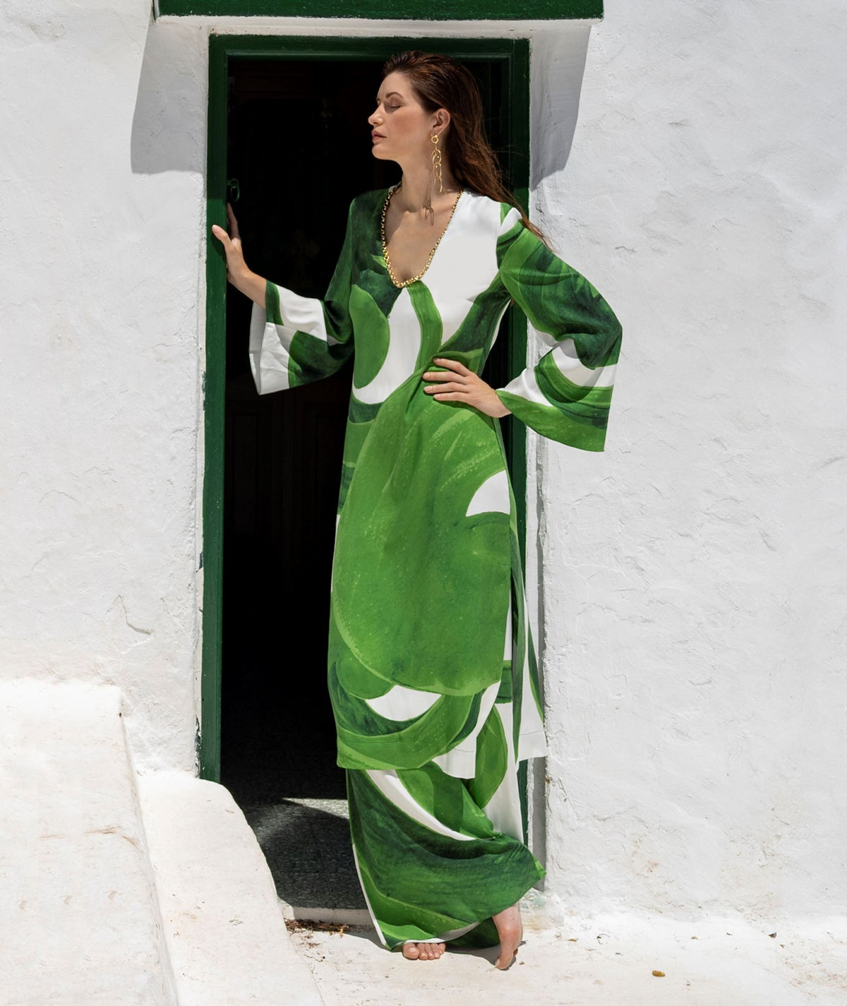 Themis Z | Green white printed V-neck chain embellished Artemis midi dress
