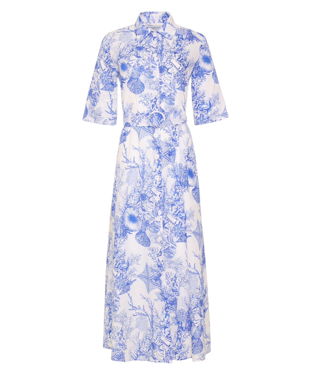 Evi Grintela | White blue printed cotton Valerie belted midi shirt dress