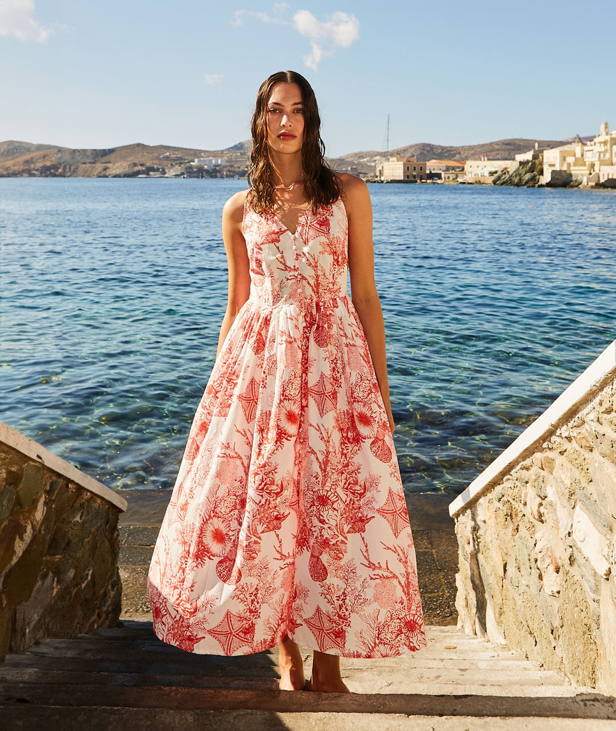 Evi Grintela | Red white printed cotton V-neck Artemis sleeveless shirt dress
