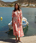 Evi Grintela | Red white printed cotton V-neck Yara belted shirt dress