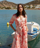 Evi Grintela | Red white printed cotton V-neck Yara belted shirt dress