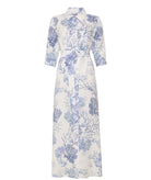 Evi Grintela | White blue printed linen Valerie belted long shirt dress