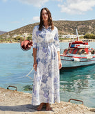 Evi Grintela | White blue printed linen Valerie belted long shirt dress